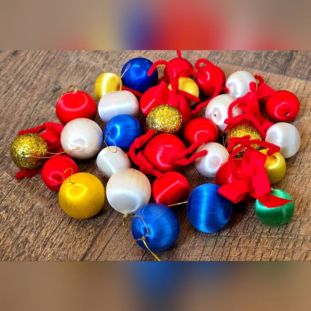 30 Vintage Miniature Satin Silk and Glitter Christmas Tree Ornaments Balls